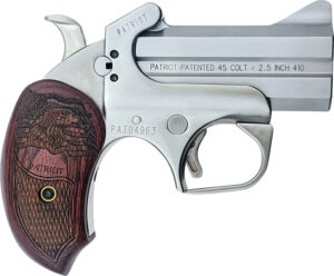 Bond Arms BAPA Patriot  45 Colt (LC)/410 Gauge 2rd 3" Stainless Steel Double Barrel & Frame w/Trigger Guard, Auto Extractors & Rebounding Hammer, Laser Engraved American Flag & Bald Eagle Rosewood Gri