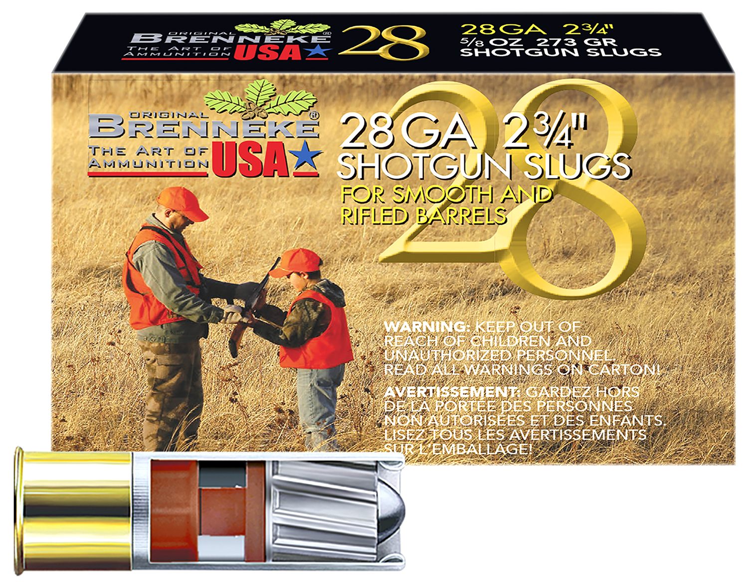 Brenneke SL282BR Brenneke 28  28Gauge 2.75" 5/8oz Slug Shot 5 Per Box/50 Case