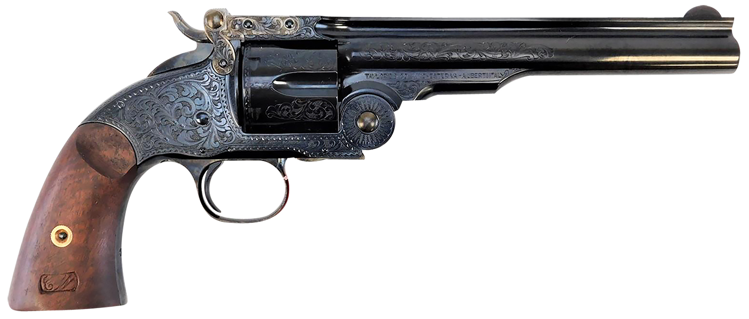 Taylors & Company 550644 Top Break Schofield 45 Colt (LC) 6rd 7" Blued Engraved Steel Walnut Grip