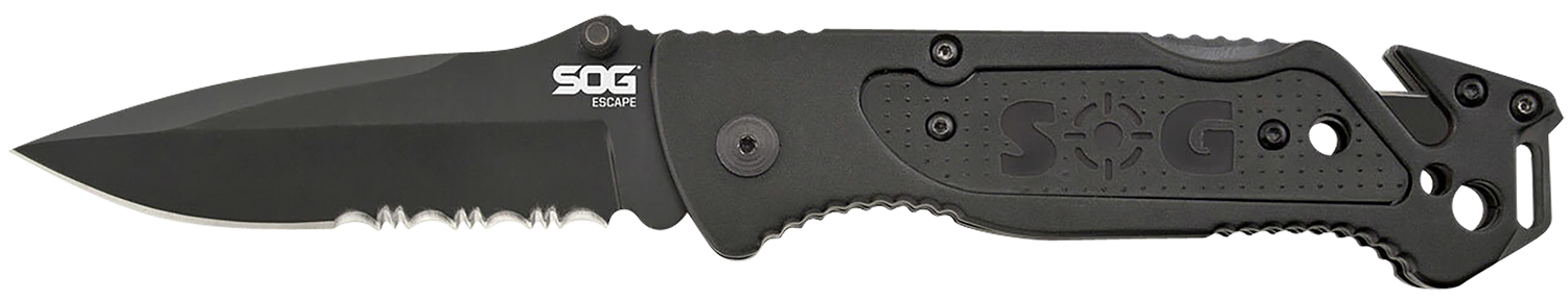 S.O.G SOGFF25CP Escape 3.40" Folding Clip Point Part Serrated Black Hardcased 9Cr18MoV SS Blade Black Anodized Aluminum Handle Includes Belt Clip