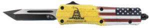 Templar Knife S-DTOM-23-1 Gen II Don't Tread On Me Small 2.69" OTF Plain Black Oxide 440C SS Blade, 4.25" Yellow w/Flag & "Don't Tread On Me" Aluminum Handle, Glass Breaker