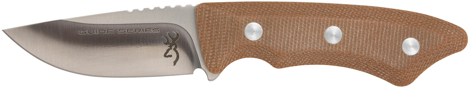 Browning 3220498B Guide Series Small 3" Fixed Drop Point Plain Brown Satin Sandvik 14C28N SS Blade, Brown Micarta Handle
