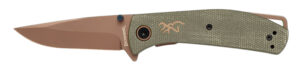 Browning 3220516B Trailside  EDC Small 3" Folding Modified Drop Point Plain Titanium Finish D2 Steel Blade, Green Micarta Handle, Boxed Pkg