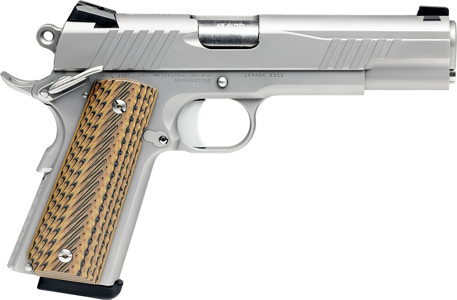 Savage Arms 67205 1911 Government 9mm Luger 10+1 5" Stainless Steel Barrel, Serrated Stainless Steel Slide, Stainless Steel Frame w/Beavertail, Brown VZ Grip