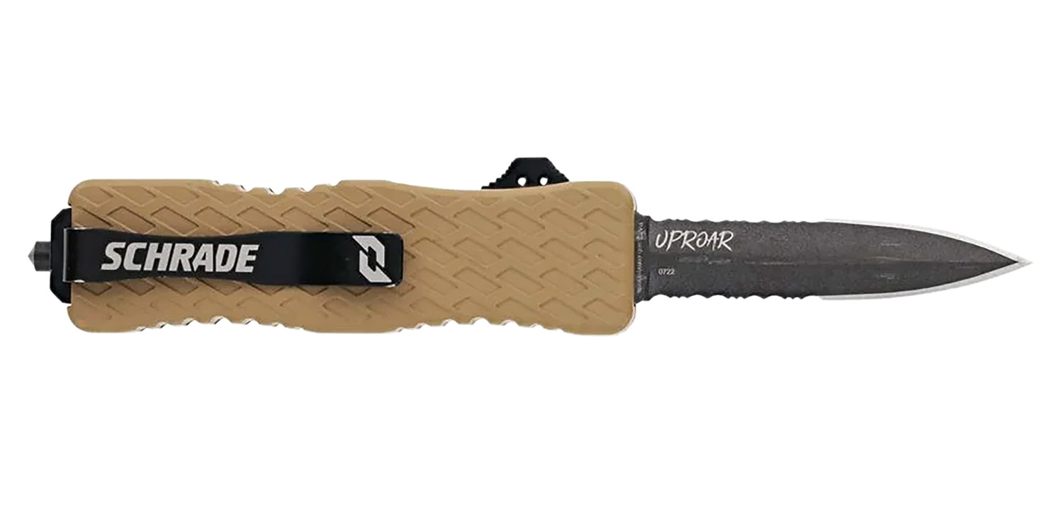 Schrade 1159305 Uproar  Automatic 3" OTF Dagger Part Serrated Black Oxide D2 Steel Blade, Flat Dark Earth Textured Aluminum Handle