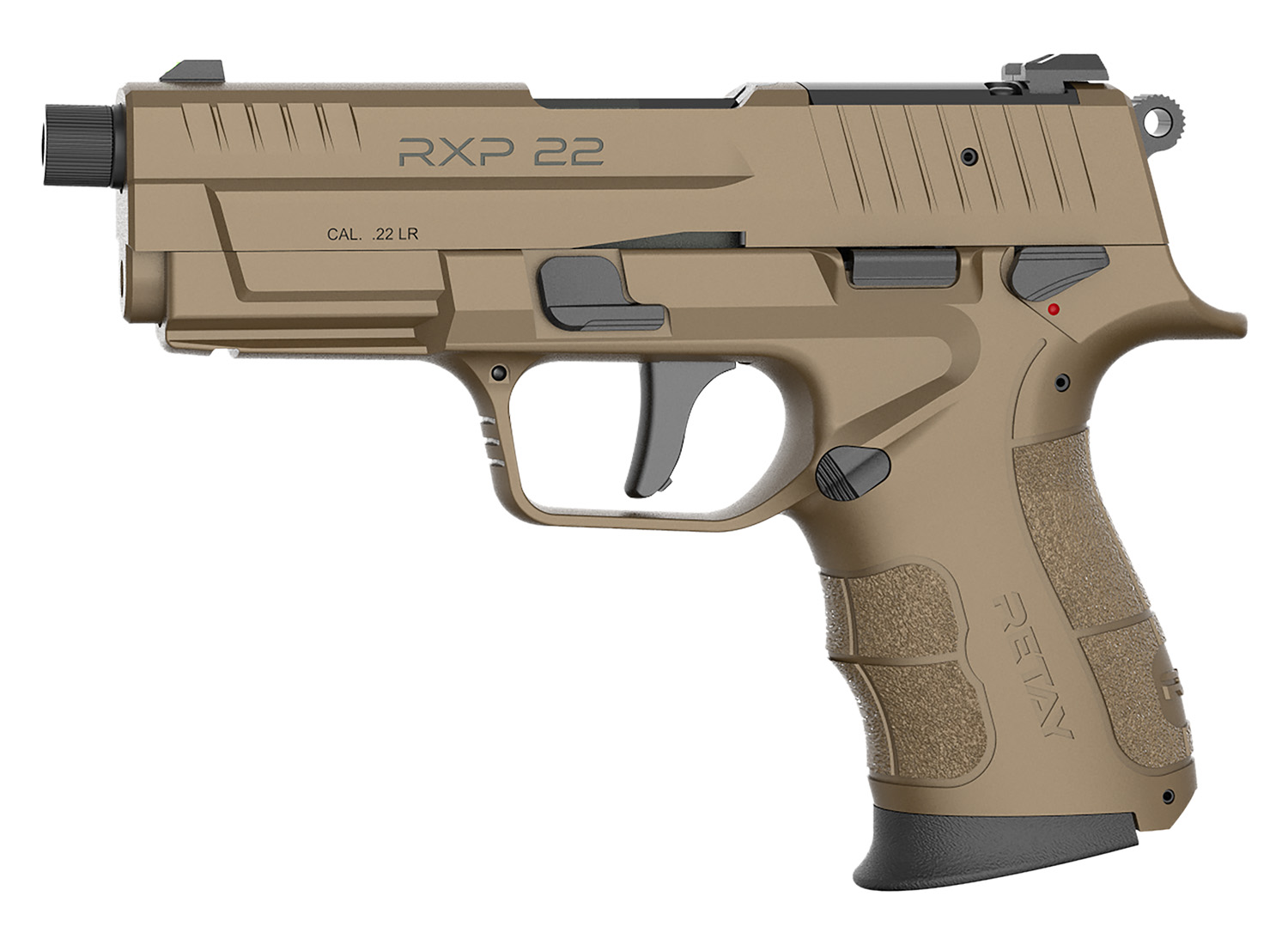 Retay USA RXP22FDE10TH RXP 22 LR 10+1 4" Black Threaded Barrel, Flat Dark Earth Cerakote RMR/RMSc Optic Ready/Serrated Slide, Flat Dark Earth Cerakote Polymer Frame w/Accessory Rail, Textured Grip
