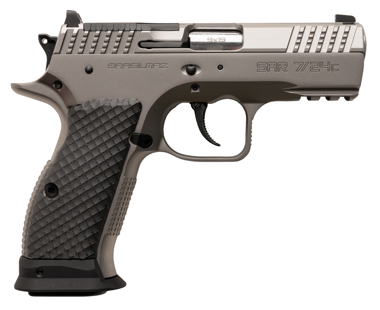 Sarsilmaz SAR7/24C 7/24 Compact 9mm Luger 17+1 Matte Stainless Steel Frame w/Beavertail & Picatinny Rail, Black Polymer Grip