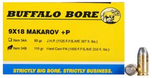 Buffalo Bore Ammunition 34B20 Personal Defense Strictly Business 9x18Makarov +P 115gr Hard Cast Flat Nose 20 Per Box/12 Case