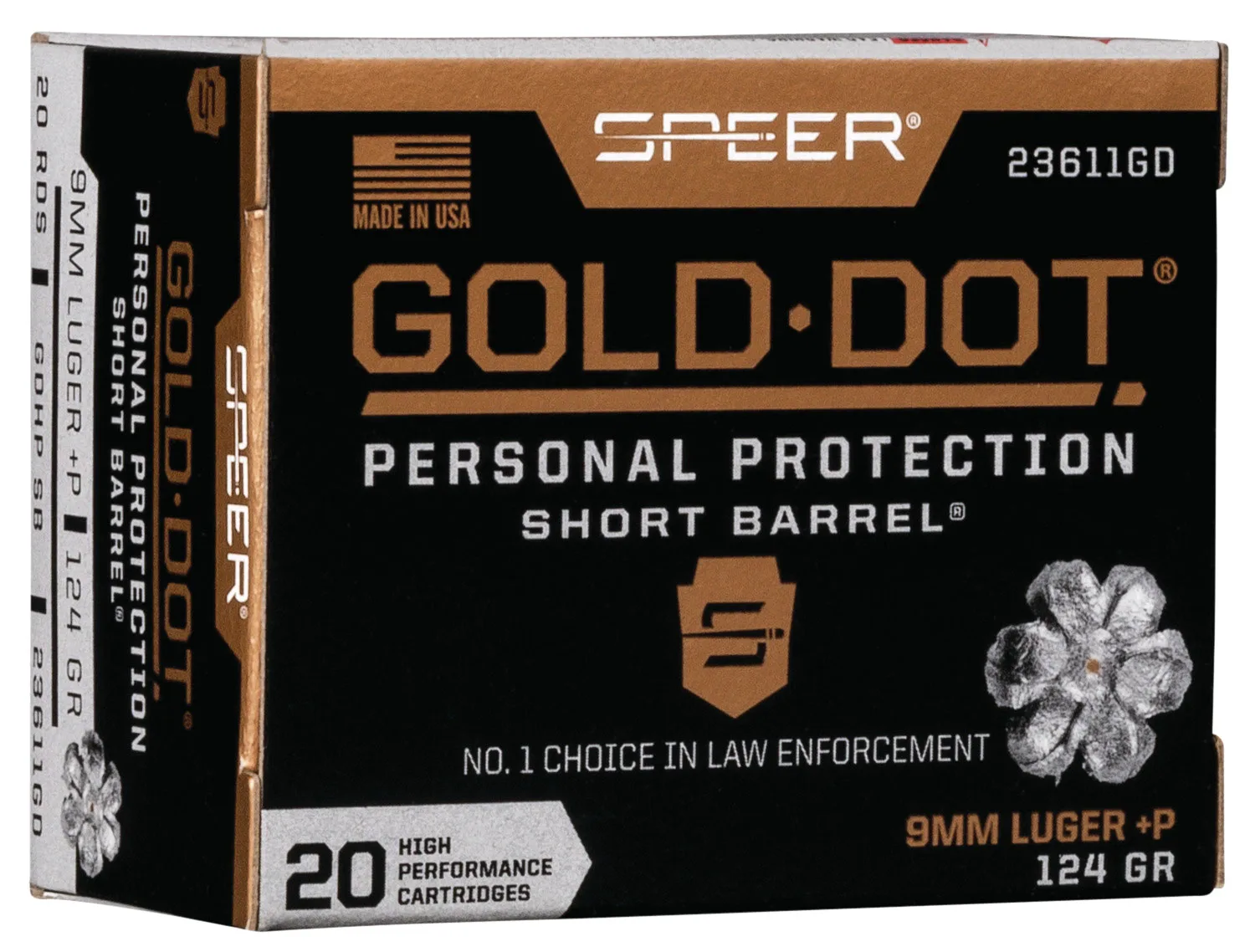 Speer 23611GD Gold Dot Personal Protection Short Barrel 9mmLuger+P 124gr Hollow Point 20 Per Box/10 Case