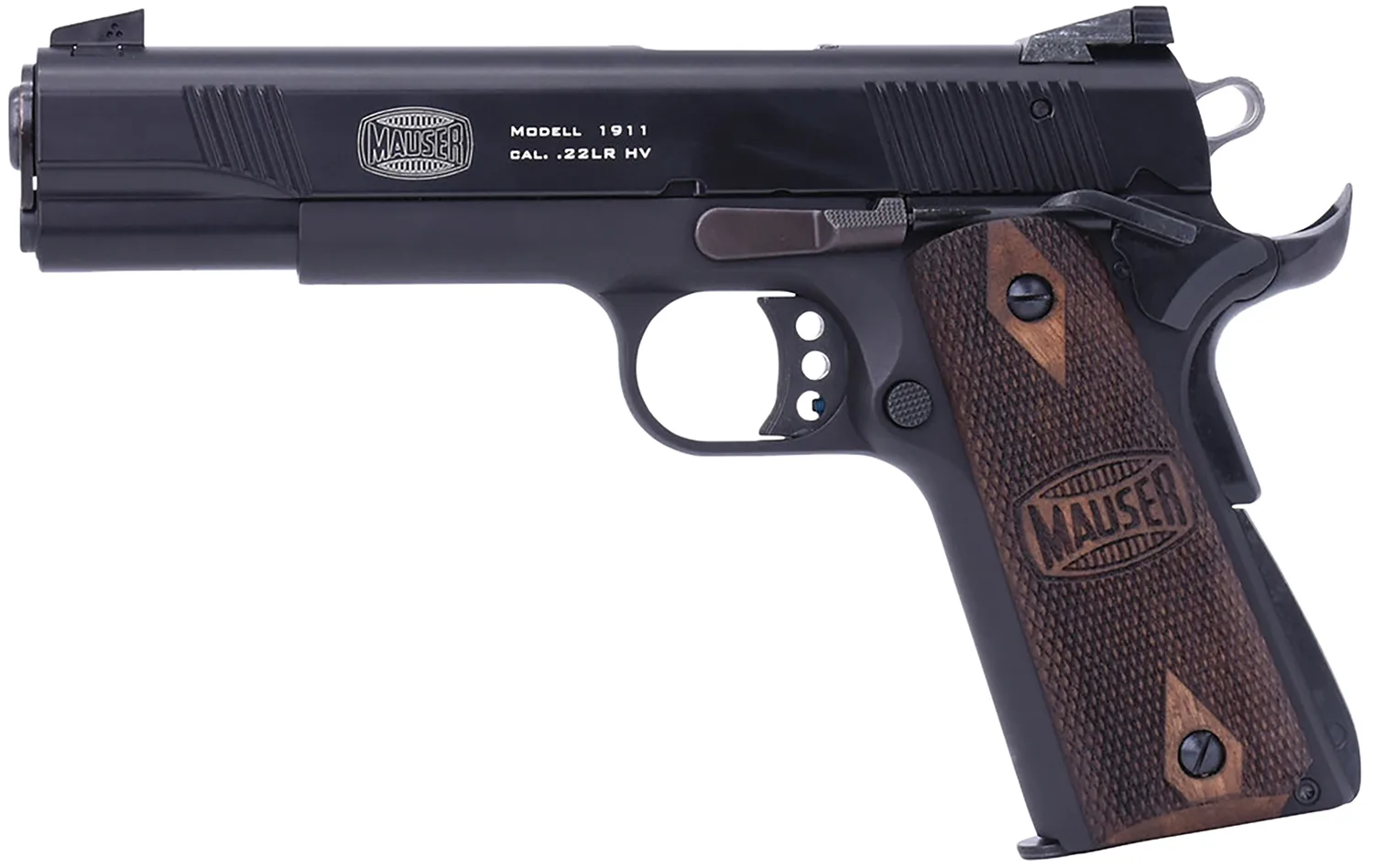 Mauser Rimfire 4110602 1911 22 LR 10+1 5" Black Steel Barrel, Black Serrated Slide, Black Aluminum Frame w/Beavertail, Walnut Grip, Ambidextrous