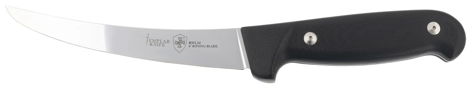Templar Knife K6BBK362 Boning 6" Fixed Plain Damasteel Blade, 5" Black G10 Handle
