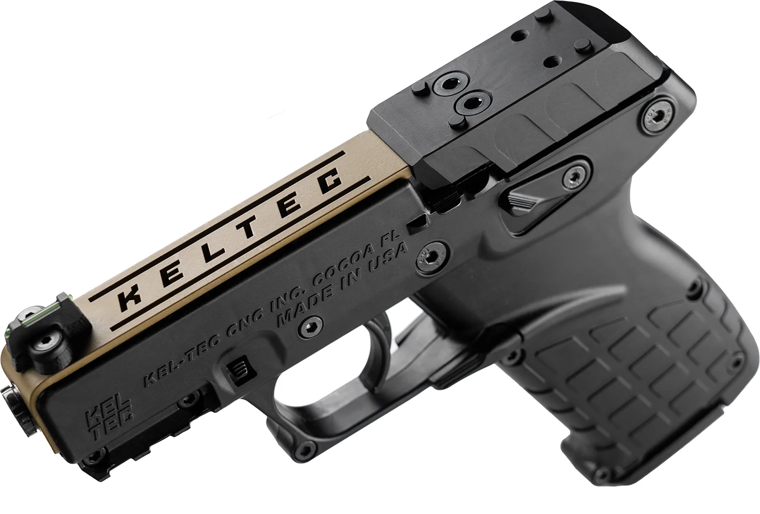 Kel-Tec P17BBLKORTANS P17  Sports South Exclusive 22 LR 16+1 3.80" Black Steel Barrel, Tan Optic Ready/Serrated Slide, Black Polymer Frame w/Picatinny Rail, Textured Grip