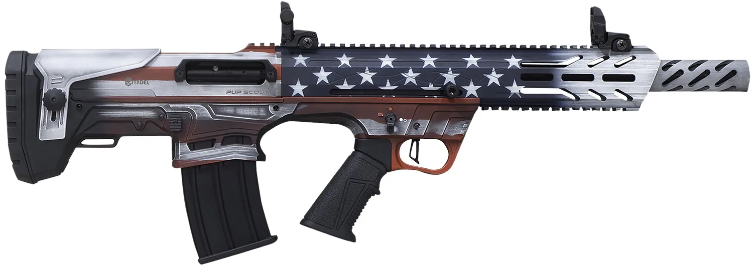 Citadel FRPS1218USA Pup Scout 12 Gauge Semi-Auto 3" 5+1 18.50" Steel Barrel, USA Flag Picatinny Rail Aluminum Receiver, Picatinny Handguards, Adj Cheek Riser Synthetic Stock, Black Polymer Grip