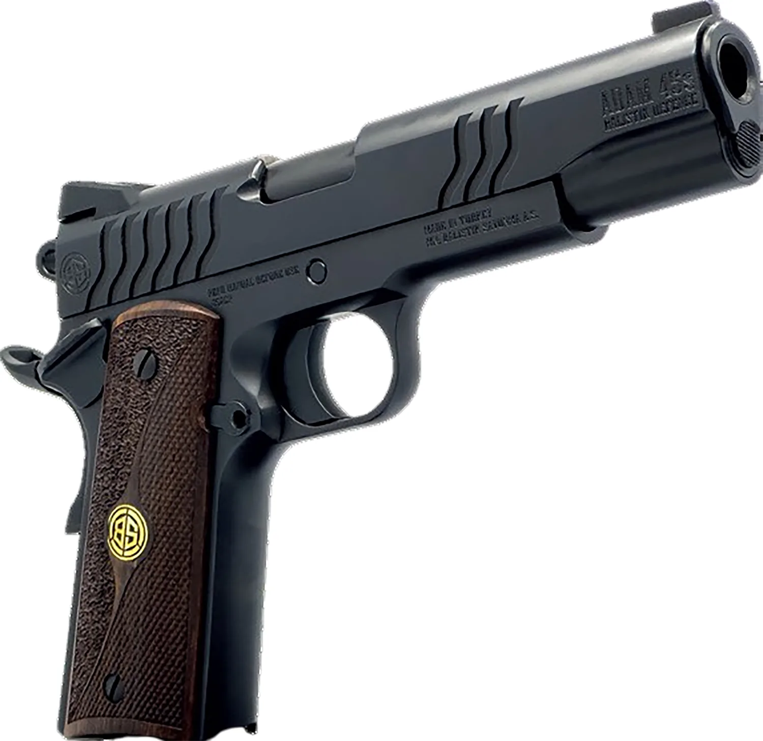 Dickinson LLC DKSN9BS 1911 Adam 9mm Luger 8+1 4.37" Black Steel Barrel, Shiny Black Serrated Aluminum Slide & Steel Frame, Wood Grip