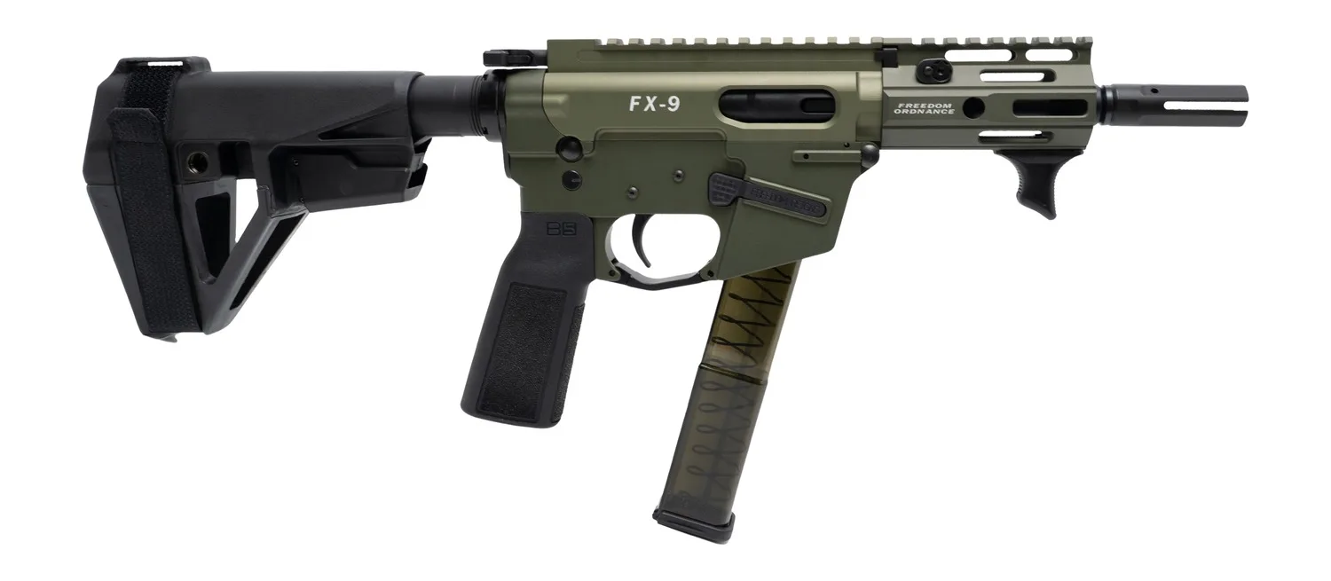 Freedom Ordance FX9P4E-ODG FX9P Elite 9mm Luger 4" Black Nitride Threaded Barrel, OD Green Anodized Aluminum Receiver w/Picatinny Rail, M-LOK Handguard, Black Polymer SB Tactical SBA5 Brace, Black Pol