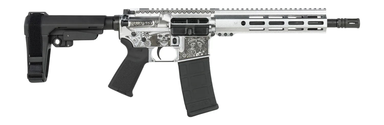 Shark Coast Tactical SCC07374DOD-P Day of the Dead 5.56 NATO 30+1 10.50" Black Nitride Threaded Barrel, Aluminum Laser Engraved Receiver w/Picatinny Rail, M-LOK Handguard, Polymer SB Tactical SBA3 Br