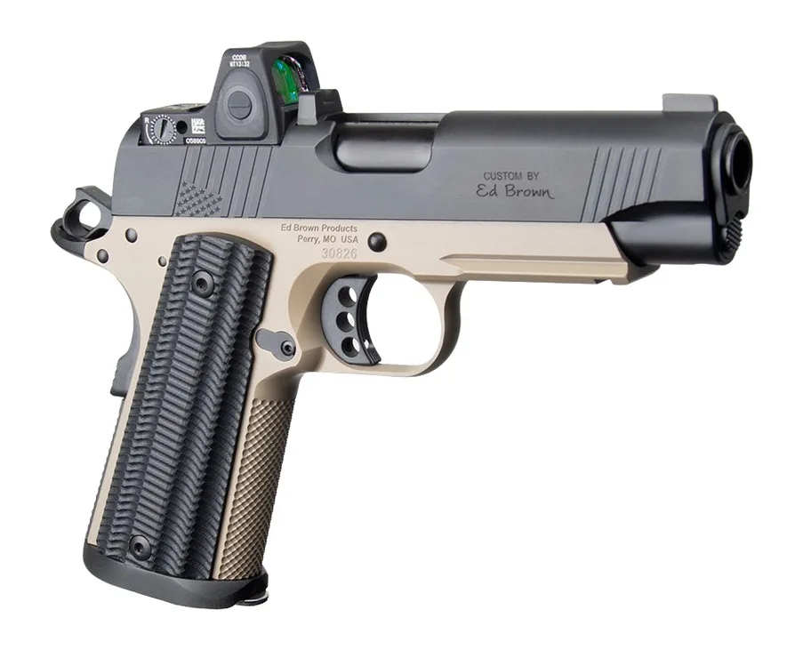 Ed Brown Special Forces Commander SOCOM w/Optic 45 ACP 7+1 4.25" Black Nitride Barrel, Black Gen4 Stainless Steel Serrated w/Optic Slide, Flat Dark Earth Gen4 Stainless Steel Frame w/Accessory Rail,