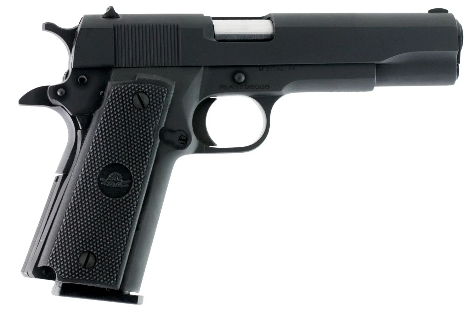Rock Island 51453 GI Standard FSHC *CA Compliant 45 ACP Caliber with 5" Barrel, 10+1 Capacity, Overall Black Parkerized Finish Steel, Beavertail Frame, Serrated Slide & Black Rubber Grip