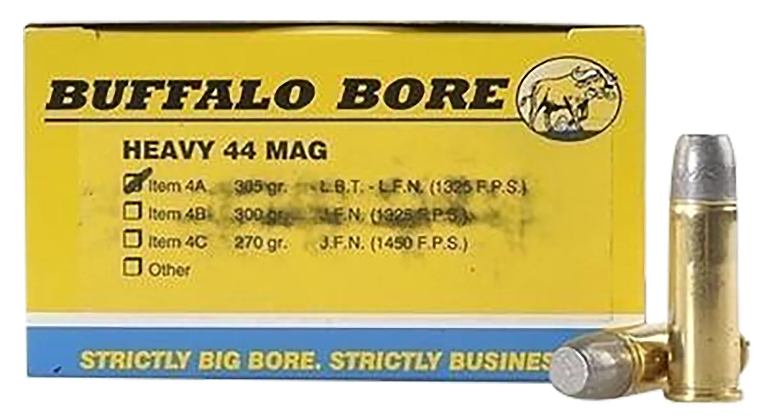Buffalo Bore Ammunition 4A20 Heavy Strictly Business 44Rem Mag 305gr Hard Cast Lead Flat Nose 20 Per Box/12 Case