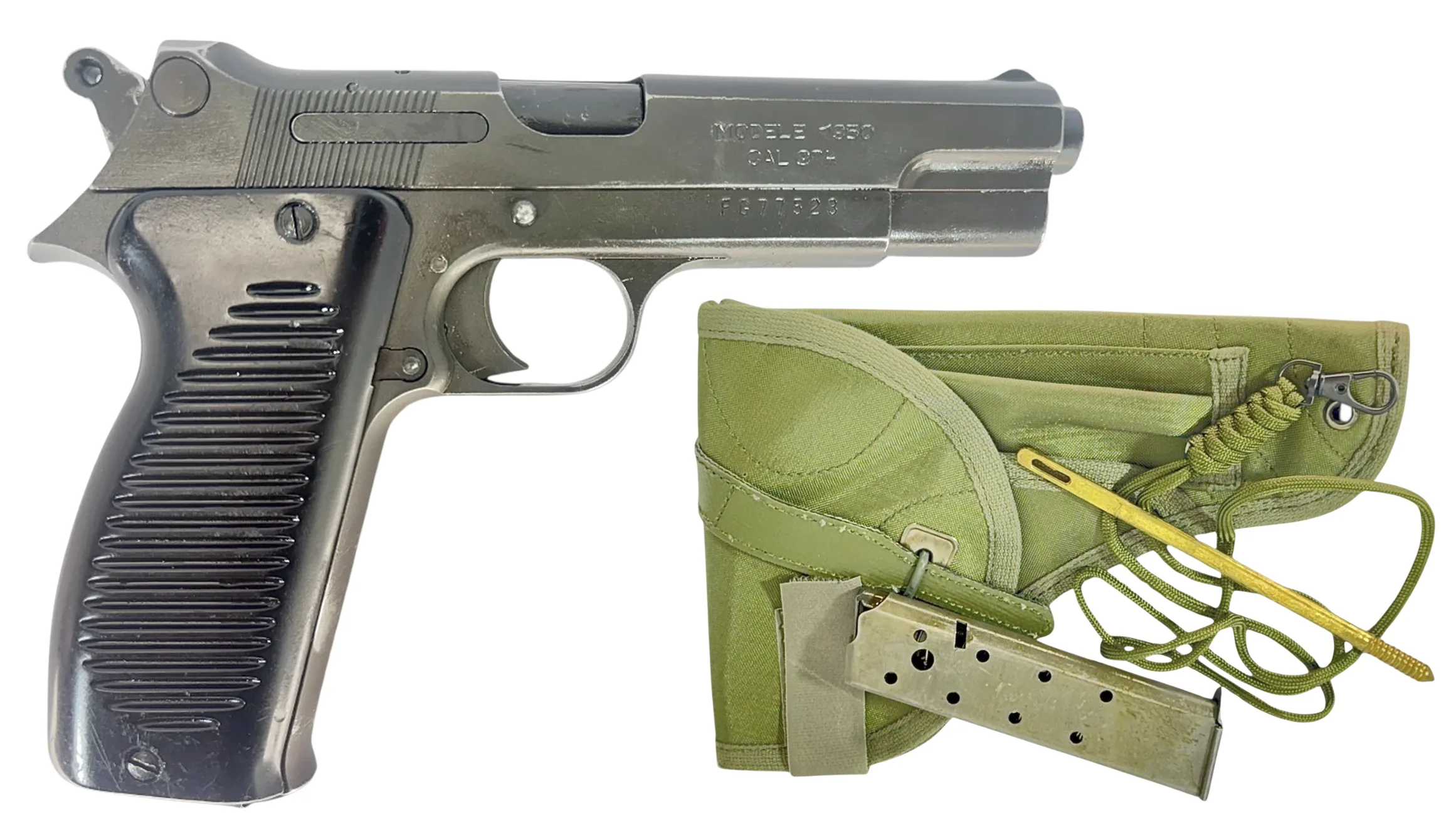 NAVY ARMS MAC 50 PISTOLS SURPLUS 9MM PISTOL W/ HLSTER, CLEANING KIT, LANYARD, ORIGINAL FRENCH MANUAL
