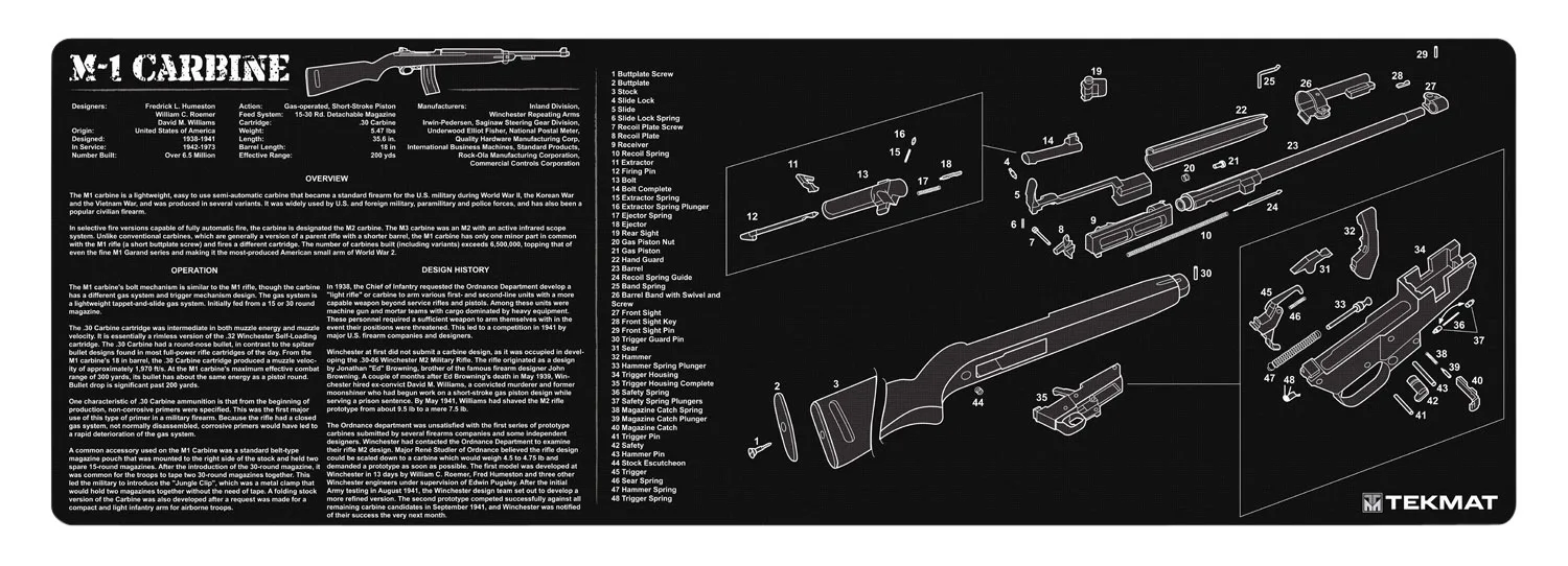 TekMat TEKR36M1CARB M1 Carbine Cleaning Mat Black/White Rubber 12"x36" M1 Carbine Parts Diagram