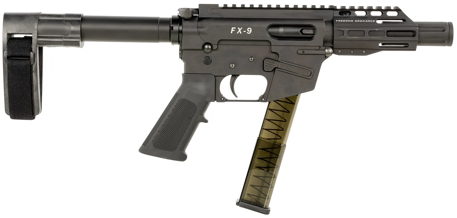 FREEDOM ORDNANCE FX9P4SBM FX-9 9mm Luger 31+1 4" Black Nitride Steel Barrel, M-LOK Handguards, Black Anodized Aluminum Picatinny Rail Receiver, Black SB Mini Brace, AR15 Grip