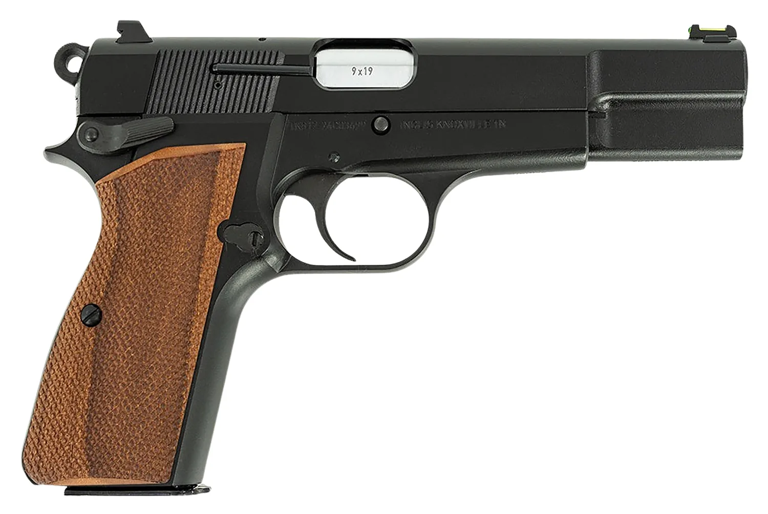 Inglis 12000009 P-35 Full Size Frame 9mm Luger 15+1 4.70" Hard Chrome Plated Button Rifled Barrel, Black Cerakote Steel Serrated Slide, Black Cerakote Steel Frame, Walnut Checkered Grip