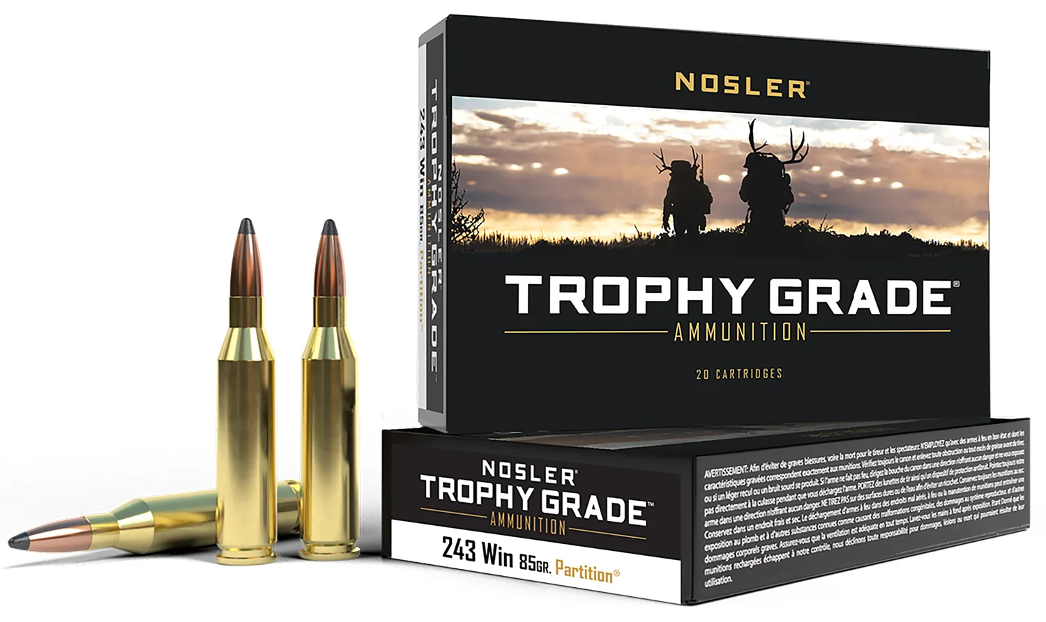 Nosler 60002 Trophy Grade  243Win 85gr Nosler Spitzer Partition 20 Per Box/10 Case