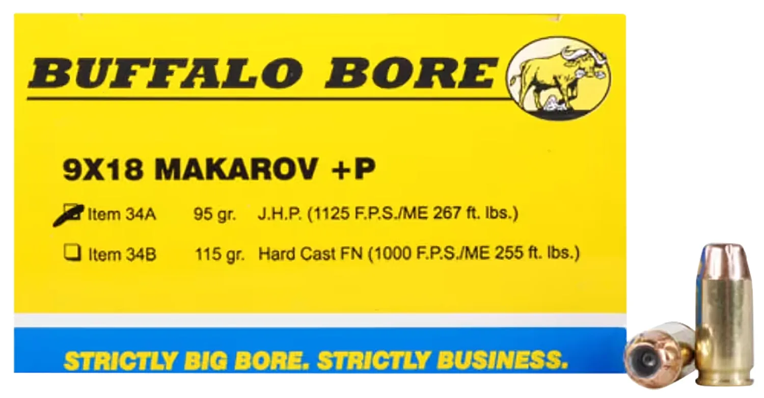 Buffalo Bore Ammunition 34A20 Personal Defense Strictly Business 9x18Makarov +P 95gr Jacket Hollow Point 20 Per Box/12 Case