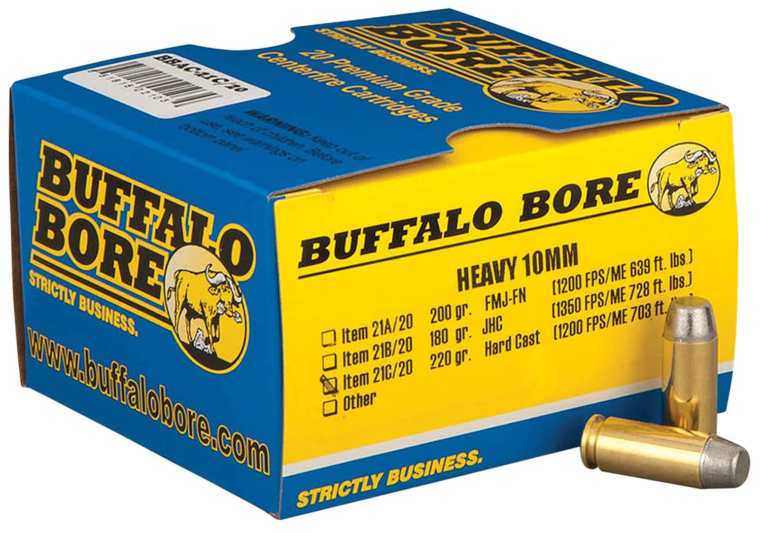 Buffalo Bore Ammunition 21C20 Outdoorsman Strictly Business 10mmAuto 220gr Hard Cast Flat Nose 20 Per Box/12 Case