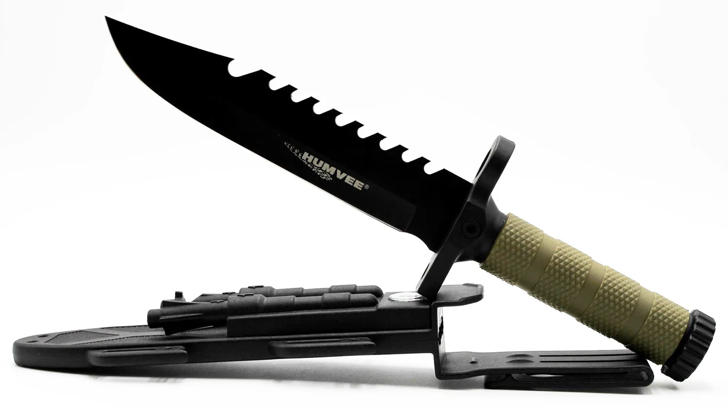 Humvee Adventure Gear HMVKFXB01 Next-Gen Survival Knife  7.50" Fixed Sawback Plain Black Stainless Steel Blade/OD Green Textured Rubber Handle Includes Sheath