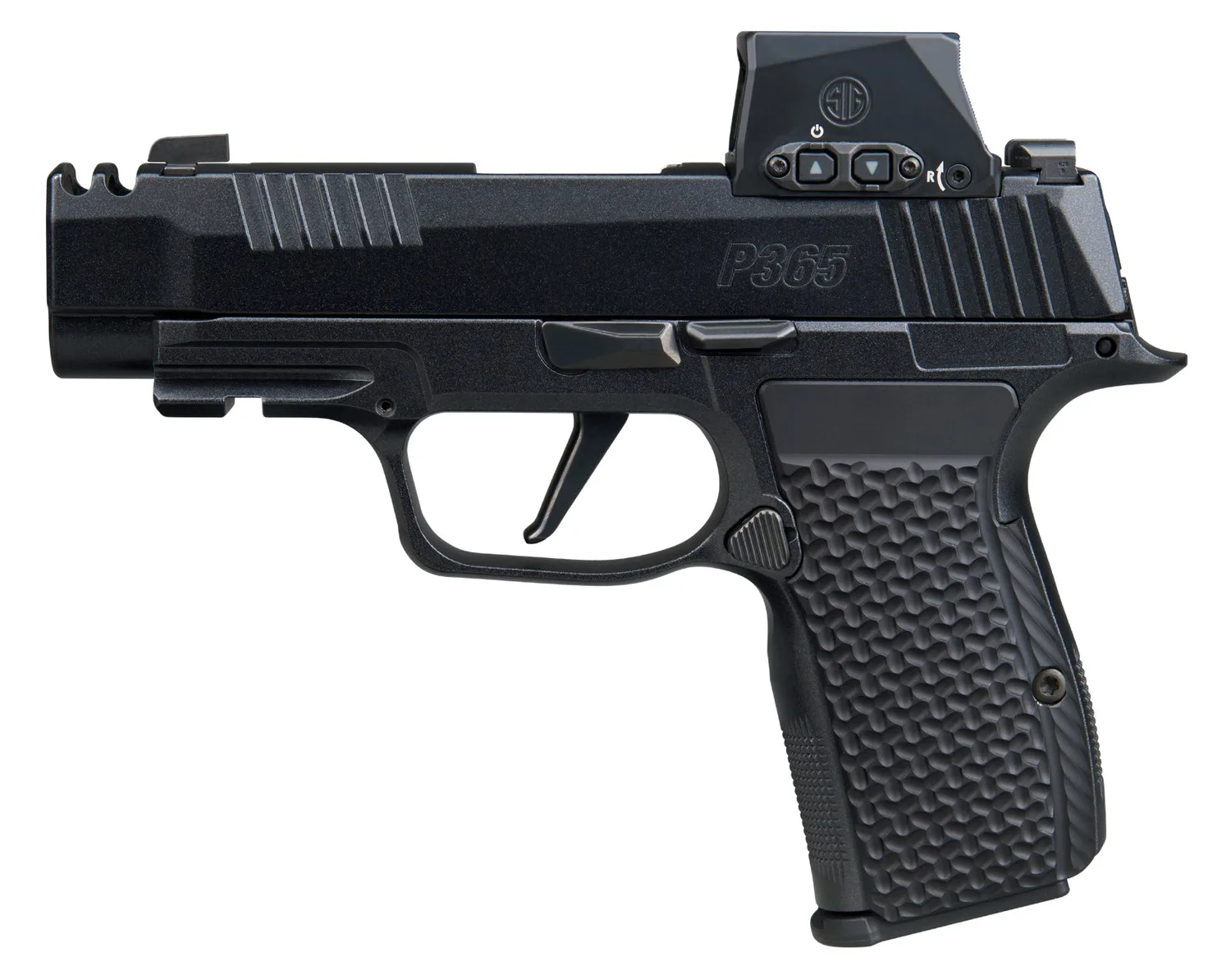 Sig Sauer  P365 AXG LUXE w/Optic Micro-Compact 380 ACP 12+1 3.10" Black Barrel, Black Pearlescent Cerakote Stainless Steel Integrated Compensator/Optic Ready/Serrated Slide, Black Frame w/Picatinny Ra