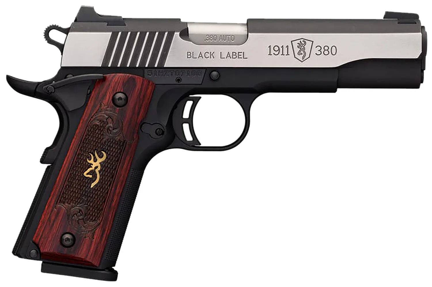 Browning 051912492 1911-380 Black Label Medallion Pro 380 ACP 8+1 4.25" Target Crown Barrel, Blackened w/Silver Polished Flats Serrated SS Slide, Matte Black Polymer Frame w/Beavertail