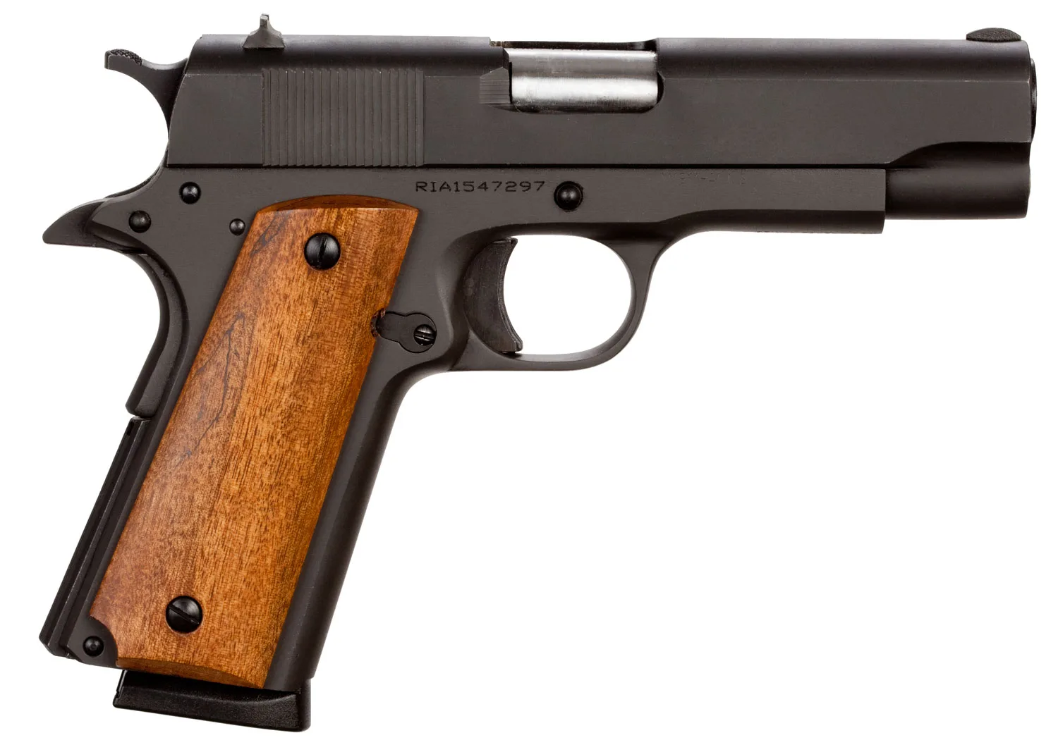 Rock Island 51417 GI Standard MS *CA Compliant 45 ACP Caliber with 4.20" Barrel, 8+1 Capacity, Overall Black Parkerized Finish Steel, Beavertail Frame, Serrated Slide & Wood Grip