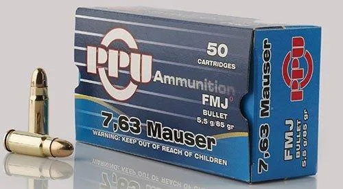 PPU Handgun Ammunition 7.63mm Mauser 85 gr FMJ 1510 fps 50/ct