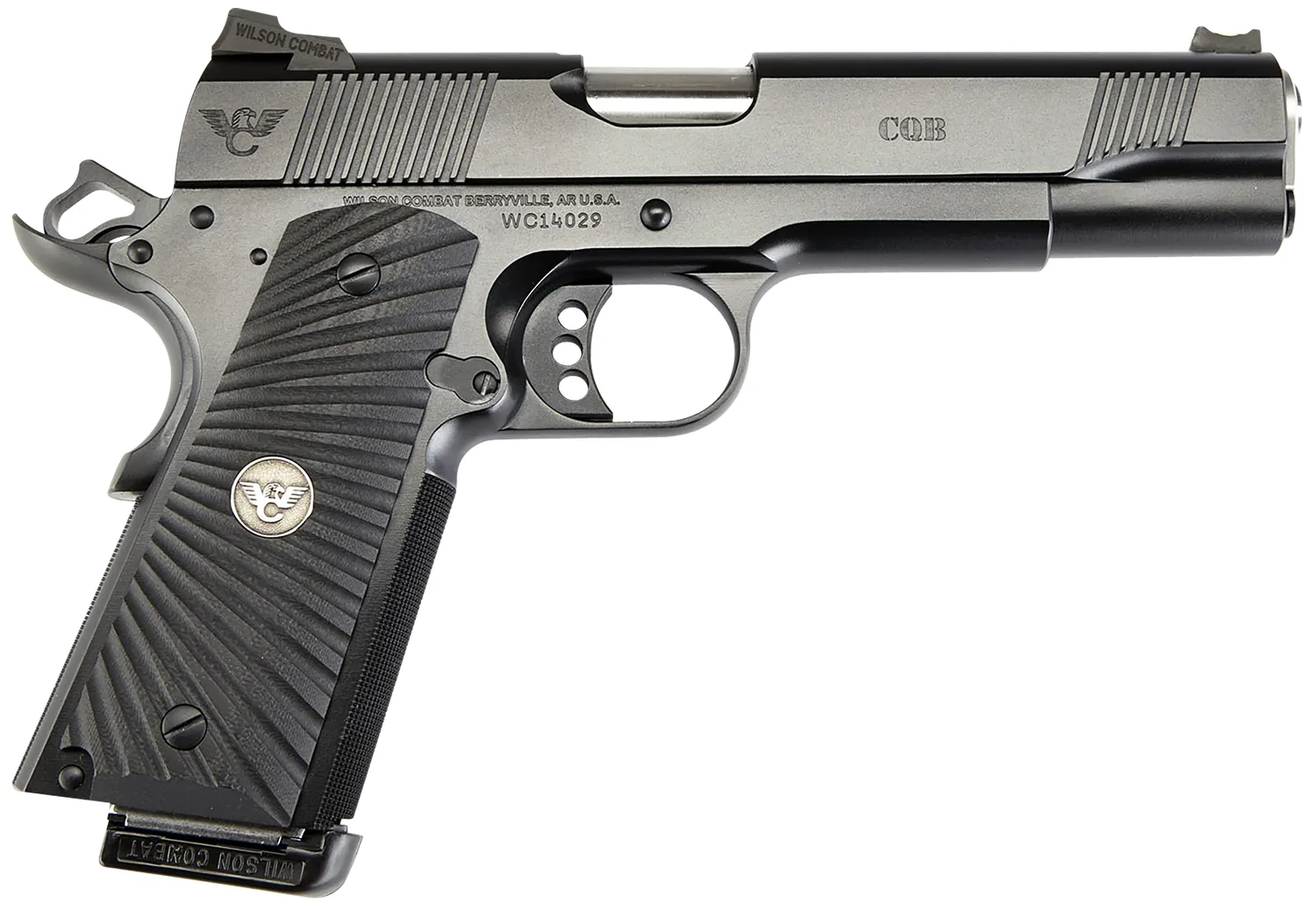Wilson Combat CQBFS9 1911 CQB Full Size Frame 9mm Luger 10+1 5" Match Grade Barrel, Black Serrated Carbon Steel Slide, Black Armor-Tuff Carbon Steel Frame w/Beavertail, Black G10 Starburst Grip