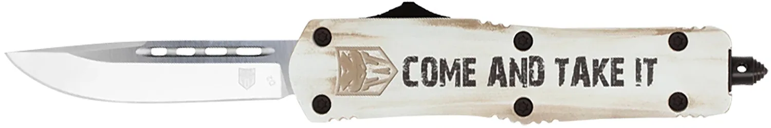 CobraTec Knives MCATIFS3TNS FS-3 Come And Take It 3" OTF Tanto Plain D2 Steel Blade/White w/"Come And Take It" Cerakoted Aluminum Handle Features Glass Breaker Includes Pocket Clip
