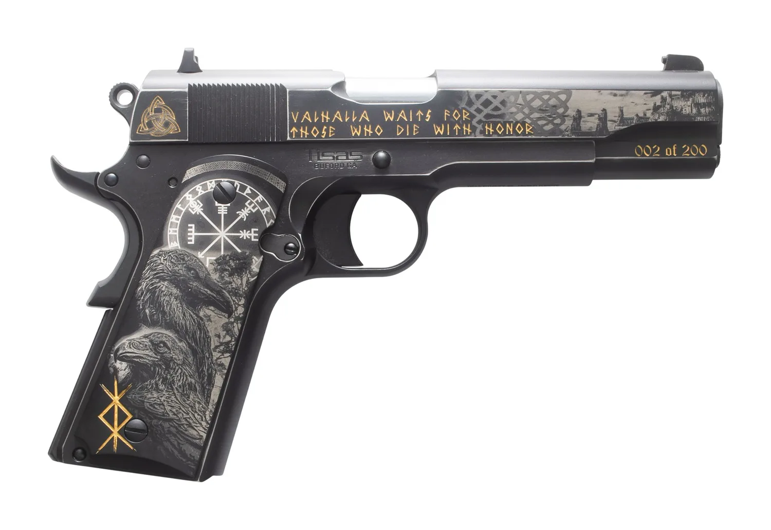 Tisas Arms Customs 10100516AA10 1911 A1 Stakeout Norse God Sports South Exclusive 45 ACP 8+1 5" Carbon Steel Serrated Slide Carbon Steel Frame w/Beavertail