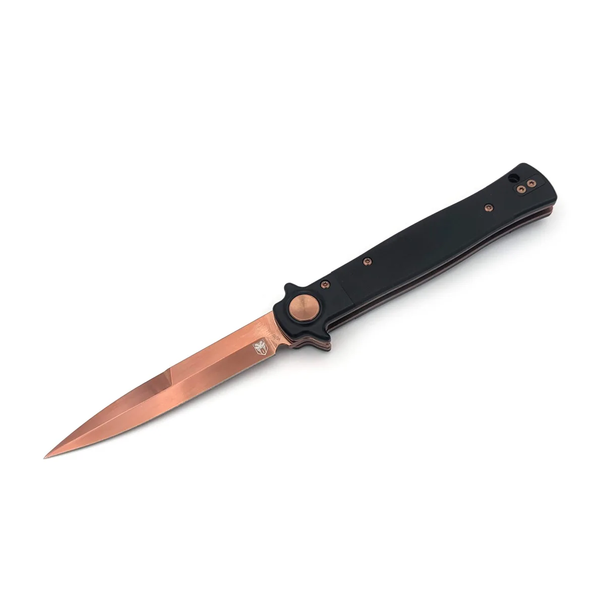 COBRATEC STILETTO BUTTON LOCK BLACK G10 ROSE GOLD BLADE